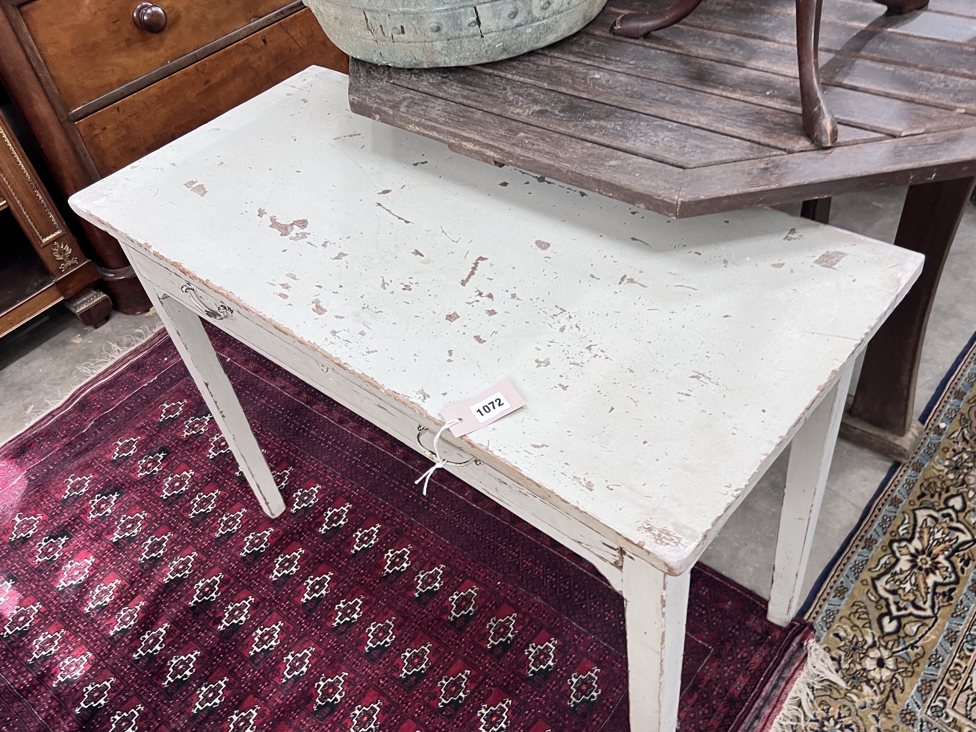 A 19th century painted single drawer side table, width 91cm, depth 43cm, height 69cm